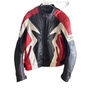 Joe Rocket Mens Leather Motorcycle Jacket Red Black White Padded Racing Size 48